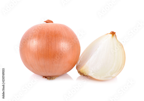 whole and cut fresh onion on white background
