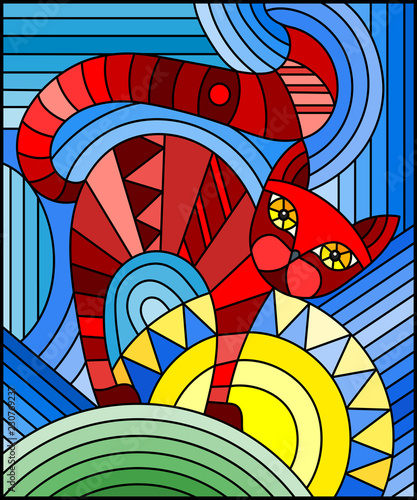 Illustration in stained glass style with abstract red geometric cat  on a blue background