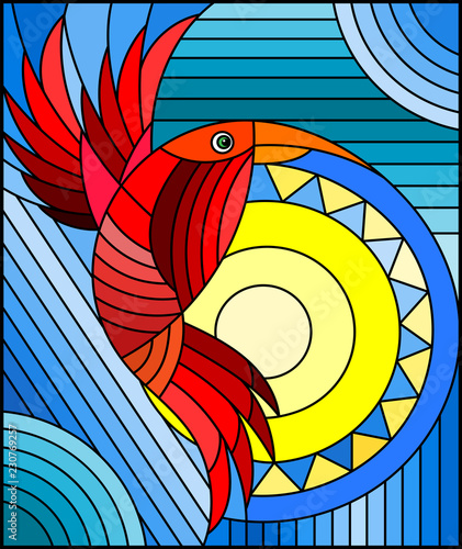 Illustration in stained glass style with abstract geometric red bird on a blue background