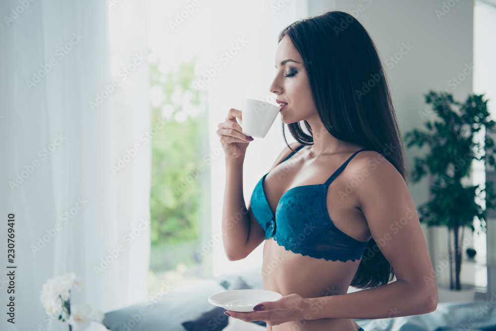 Rest, relax morning concept. Profile side view photo of elegant Rest, relax morning concept. Profile side view photo of elegant
