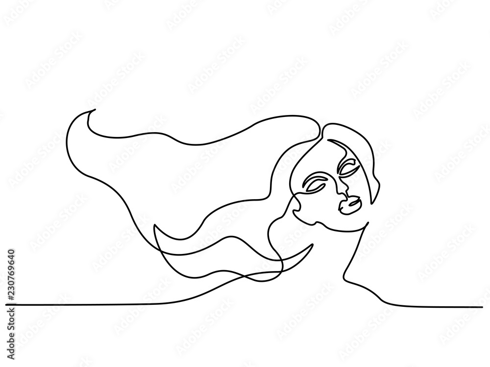 Continuous one line drawing. Abstract portrait of pretty young woman with beautiful hair. Vector illustration Continuous one line drawing. Abstract portrait of pretty young woman with beautiful hair. Vector illustration