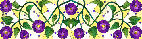 Illustration in stained glass style with intertwined purple flowers and leaves on yellow background, horizontal orientation