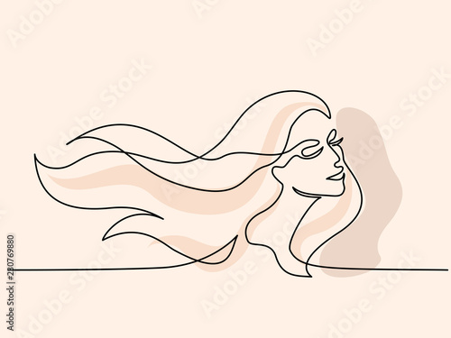 Continuous one line drawing. Abstract portrait of pretty young woman with beautiful hair. Vector soft color illustration