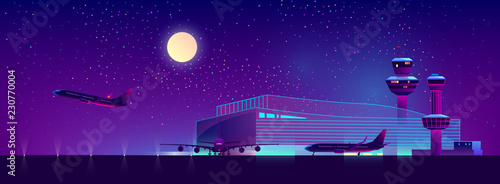 Vector background of night airport with takeoff of the plane in ultraviolet colors. Terminal, control room in bright neon lights, modern illumination. Night sky, landscape with hangar, building.