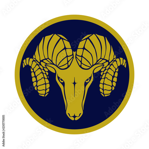 Sign head ram. Icon aries in the blue circle isolated on white background. Symbol argali. Vector illustration