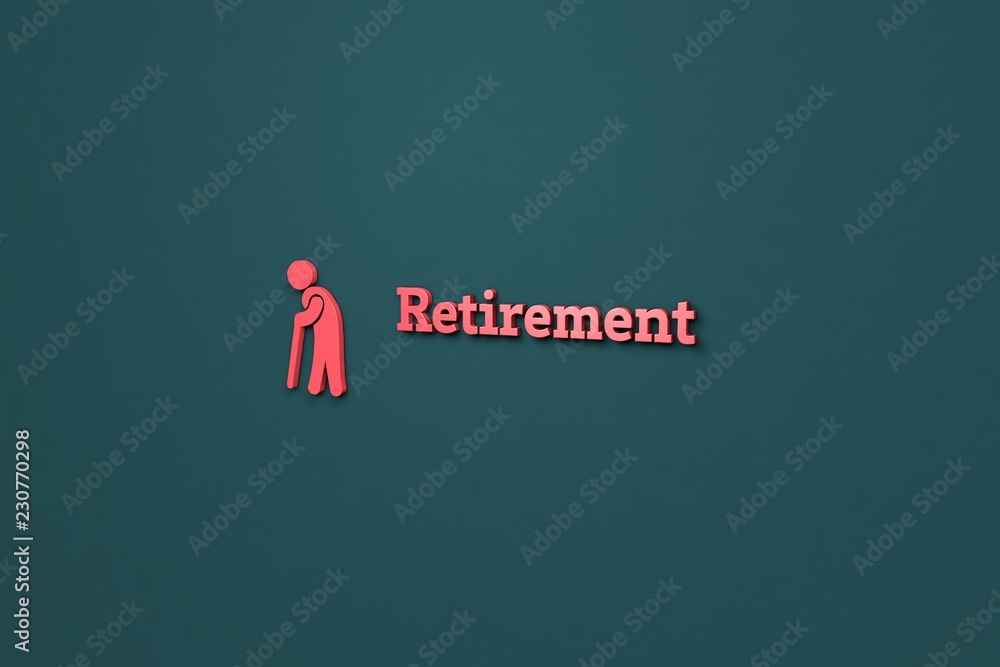 3D illustration of Retirement, red color and red text with blue background. 3D illustration of Retirement, red color and red text with blue background.