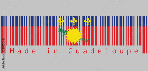 Barcode set the color of Guadeloupe Local flag, red field with yellow sun and green sugar cane, and a blue stripe with yellow fleurs-de-lis on the top, Made in Guadeloupe, concept of sale or business.
