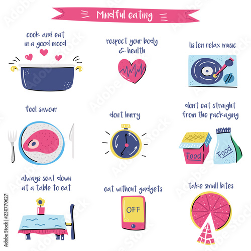 Set of cartoon hand drawn objects on mindful eating theme