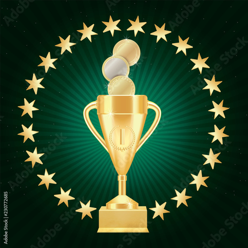 Golden realistic Trophy cup or goblet with number one, laurel wreath, gold stars on textured gilded stand with falling money coins or tokens on green background with rays. Vector illustration