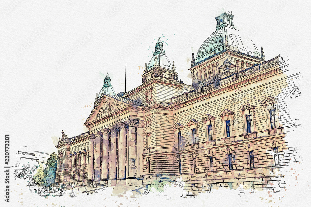 Watercolor sketch or illustration of traditional European ancient architecture in Leipzig in Germany.