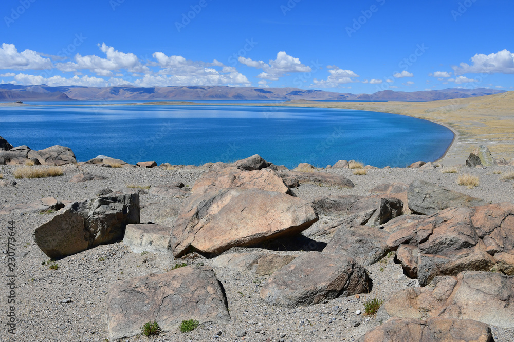 China. Great lakes of Tibet. Lake Teri Tashi Namtso in sunny summer day China. Great lakes of Tibet. Lake Teri Tashi Namtso in sunny summer day
