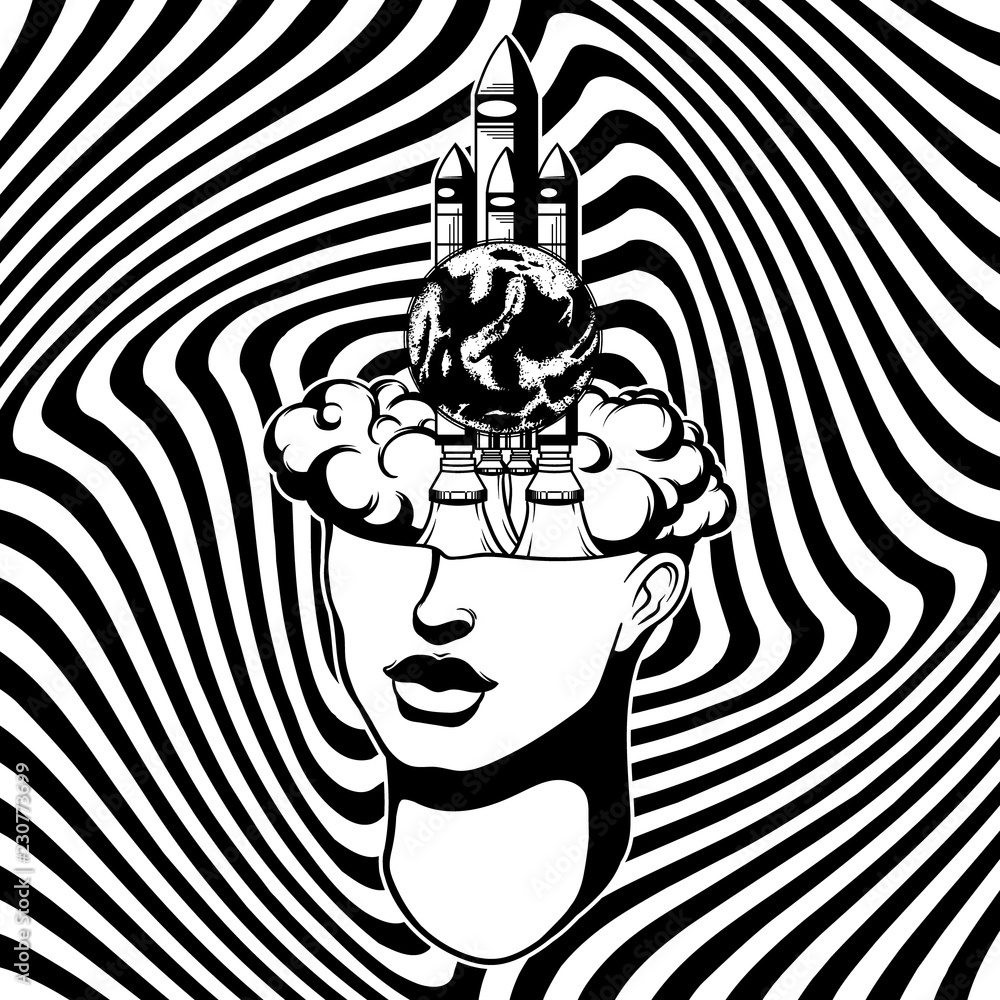 Vector hand drawn illustration of female head with rocket on the hypnotic  background. Surreal tattoo artwork. Template for card, banner, print for  t-shirt. Stock Vector | Adobe Stock