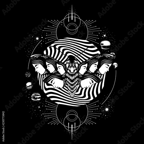 Vector hand drawn  illustration of  weird moth. Surreal artwork with planets and geometrical composition. Template for card, banner, print for t-shirt.