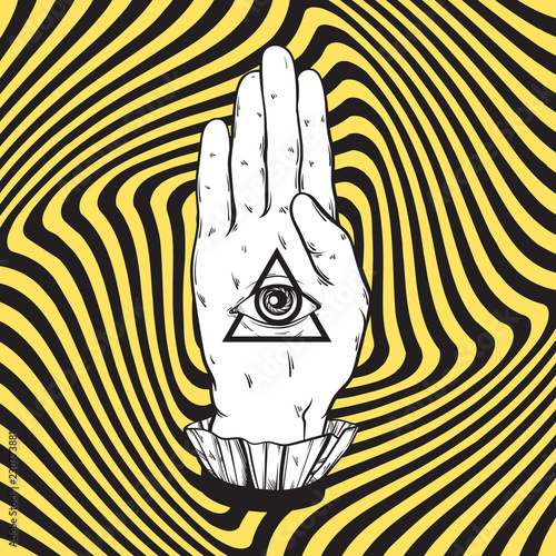 Vector hand drawn illustration of female hand with all seeing eye pyramid on the hypnotic background. Template for card, poster, banner, print for t-shirt.