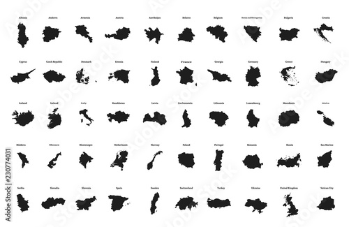 Outline maps of European countries. All the countries of Europe. Isolated vector illustration.