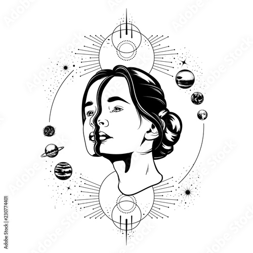 Vector hand drawn illustration of young beautiful woman,  geometrical composition and planets. Template for card, poster, banner, print for t-shirt.