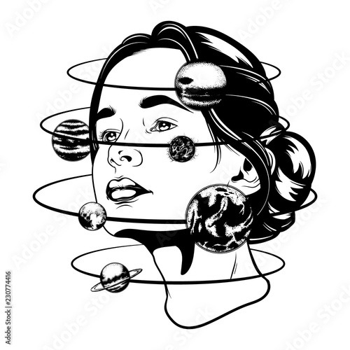 Vector hand drawn illustration of young beautiful woman,  geometrical composition and planets. Template for card, poster, banner, print for t-shirt.