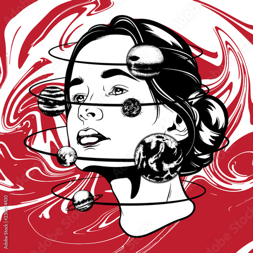 Vector hand drawn illustration of young beautiful woman,  geometrical composition and planets. Template for card, poster, banner, print for t-shirt.