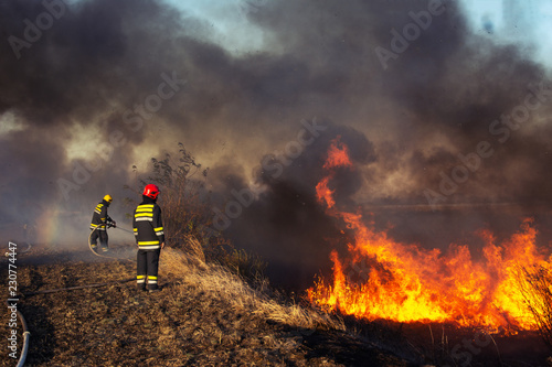Obraz na plátně Firefighters battle a wildfire