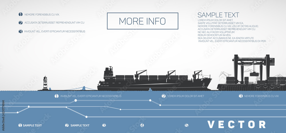 Container ship on the pier, gantry and loaders cranes, vector infographics. - obrazy, fototapety, plakaty 