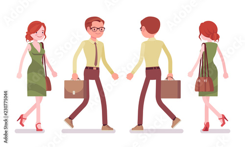 Male and female clerk walking
