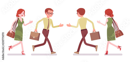 Male and female clerk running
