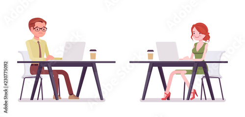 Male, female clerk working with laptop