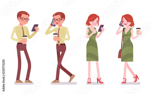 Male and female clerk with gadgets