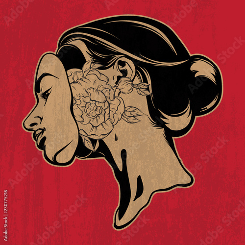 Vector hand drawn illustration of young beautiful woman. Surreal tattoo artwork with flower.  Template for card, poster, banner, print for t-shirt.