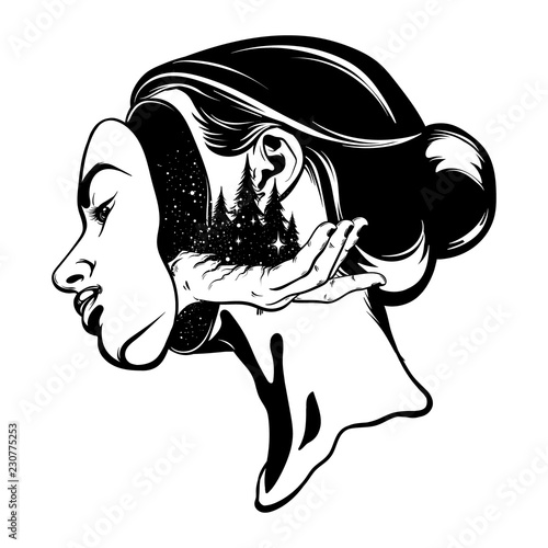 Vector hand drawn illustration of young beautiful woman. Surreal tattoo artwork with forest on human hand.  Template for card, poster, banner, print for t-shirt.