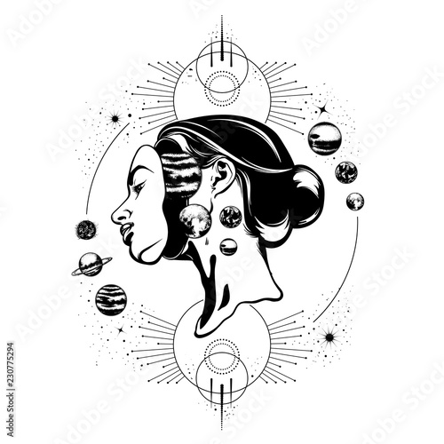 Vector hand drawn illustration of young beautiful woman,  geometrical composition and planets. Template for card, poster, banner, print for t-shirt.
