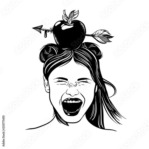 Vector hand drawn illustration of apple with arrow on female head. Tattoo artwork. Template for card, poster, banner, print for t-shirt.