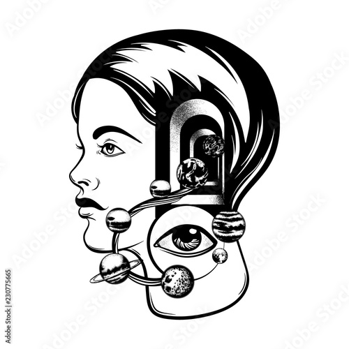 Vector hand drawn illustration of young girl with door in her head and human eye. Portrait with planets of Solar system. Template for card, poster, banner, print for t-shirt.