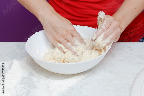 Making dough by female hands in bowl at home kitchen