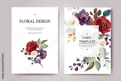 Set of card with flower rose, leaves. Wedding ornament concept. Floral poster, invite. Vector decorative greeting card or invitation design background