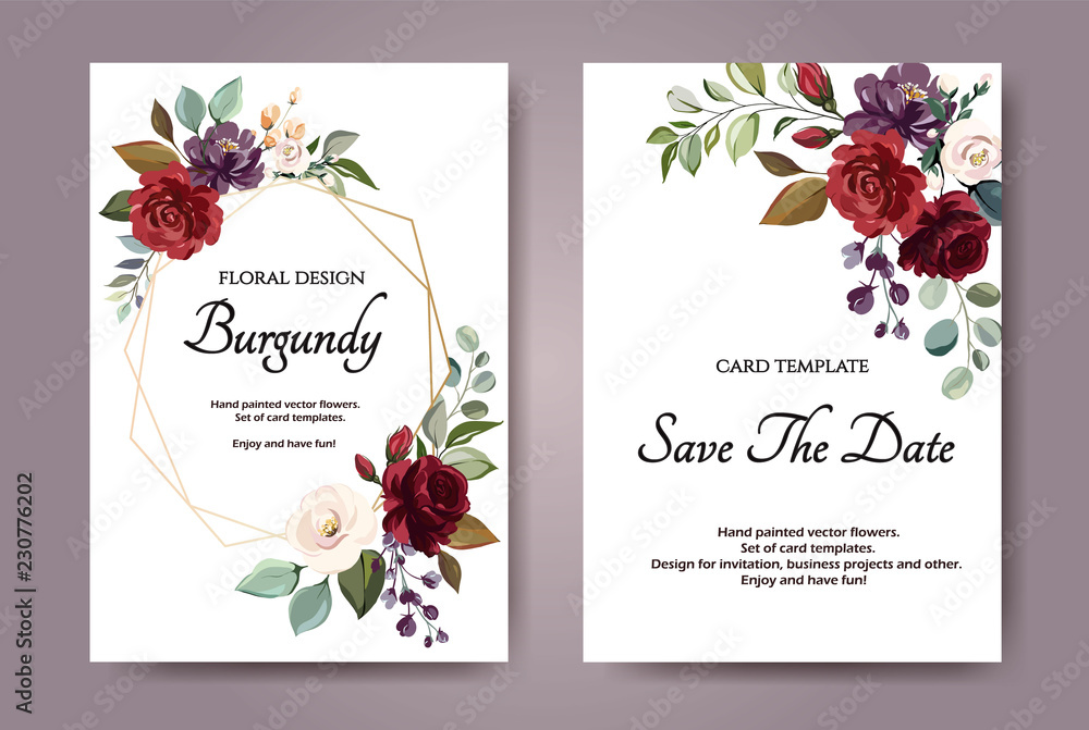 Set of card with flower rose, leaves. Wedding ornament concept. Floral