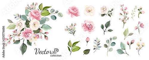 Set of floral branch. Flower pink rose, green leaves. Wedding concept with flowers. Floral poster, invite. Vector arrangements for greeting card or invitation design photo