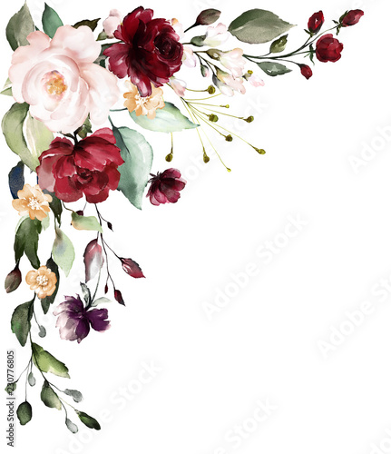  watercolor burgundy flowers. floral illustration, Leaf and buds. Botanic composition for wedding, greeting card. branch of flowers - abstraction roses