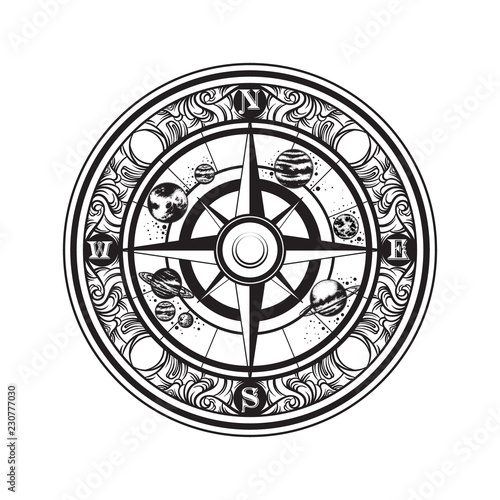 Vector hand drawn illustration of vintage compass and planets of solar system.  Template for card, poster, banner, print for t-shirt.