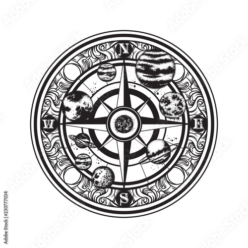 Vector hand drawn illustration of vintage compass and planets of solar system.  Template for card, poster, banner, print for t-shirt.