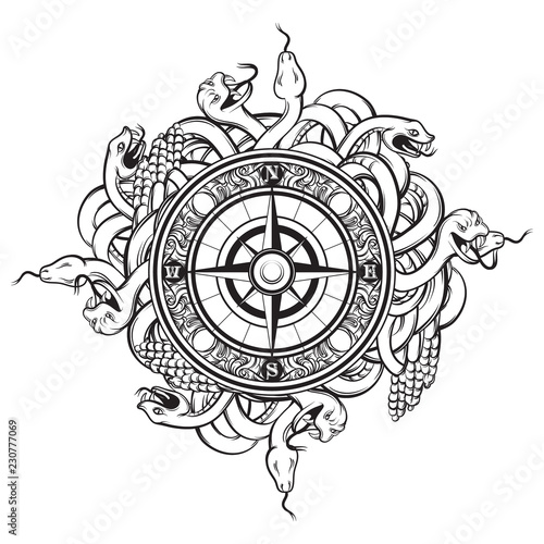 Vector hand drawn illustration of vintage compass and bunch os snakes. Tattoo artwork. Template for card, poster, banner, print for t-shirt.
