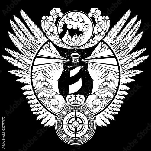 Vector hand drawn illustration of lighthouse with rays, waves, wings,moon and vintage compass. Tattoo artwork. Template for card, poster, banner, print for t-shirt.