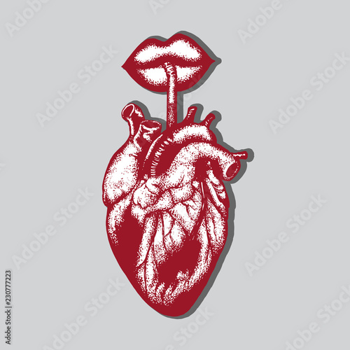 Vector hand drawn illustration of human heart with lips and straw. Hand sketched tattoo artwork. Template for card, poster, banner, print for t-shirt.