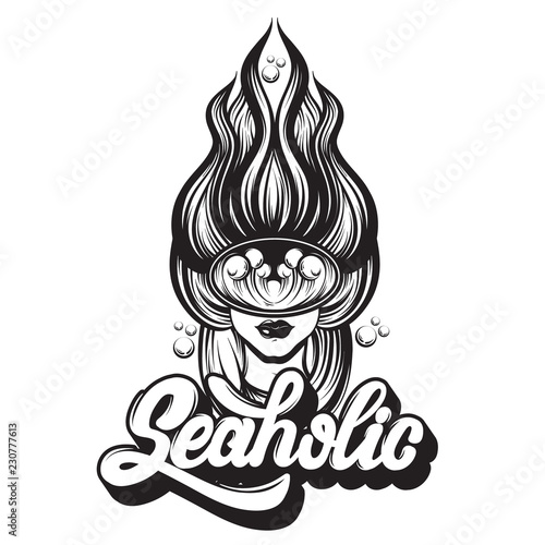 Vector hand drawn illustration  of  female diver with marine waves in the mask . Surreal tattoo artwork with handwritten lettering "Seaholic" . Template for card, poster, banner, print for t-shirt.
