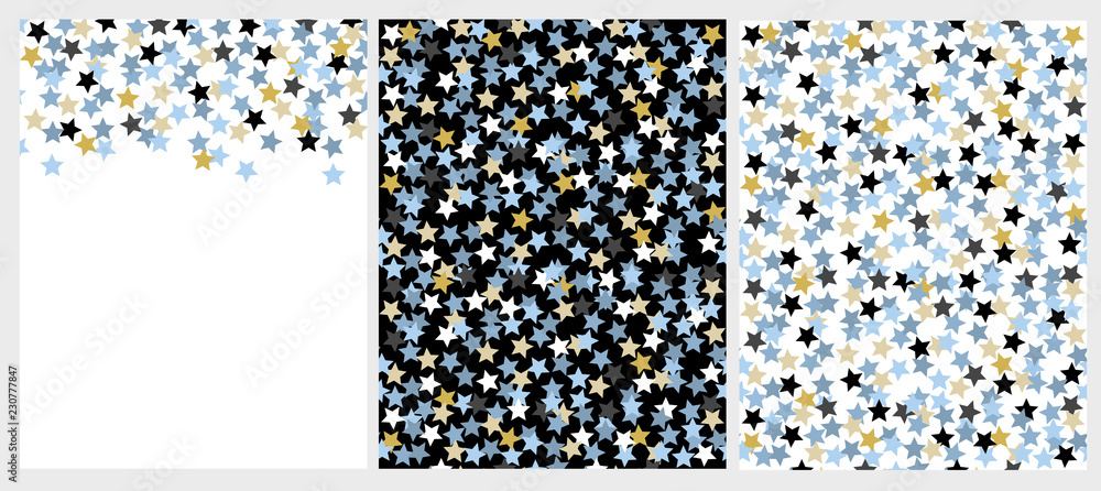Set of 2 Star Vector Patterns and 1 layout with Confetti of Star Shape. Gold, Blue, Gray, White and Black Simple Design. White and Black Background. Cute Irregular Patterns. 