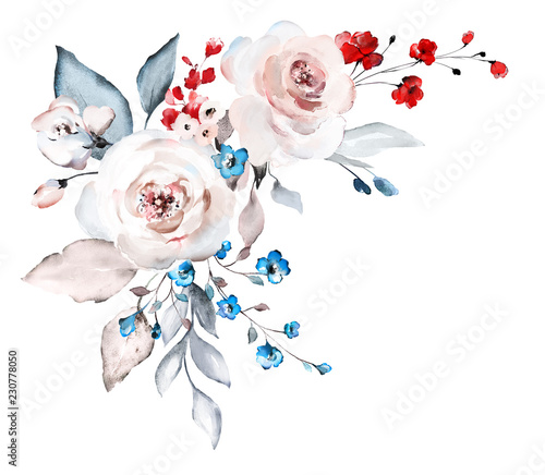 Fototapeta Naklejka Na Ścianę i Meble -   watercolor floral arrangements with red, blue, white flowers.  illustration with Leaves and buds. Botanic floral composition for wedding, greeting card. branch of flowers - abstraction roses