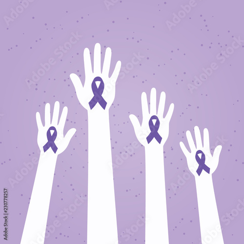 Hands with violet pancreatic cancer awareness ribbon.