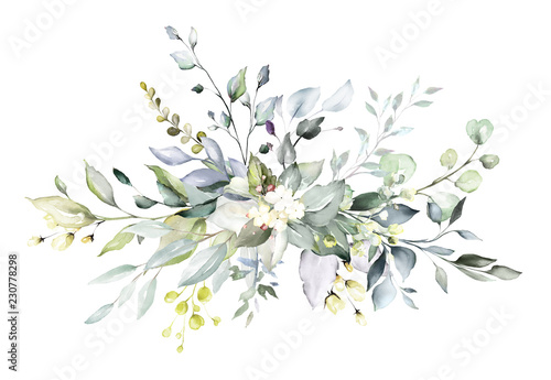  watercolor floral arrangements with leaves, herbs.  herbal illustration. Botanic composition for wedding, greeting card.