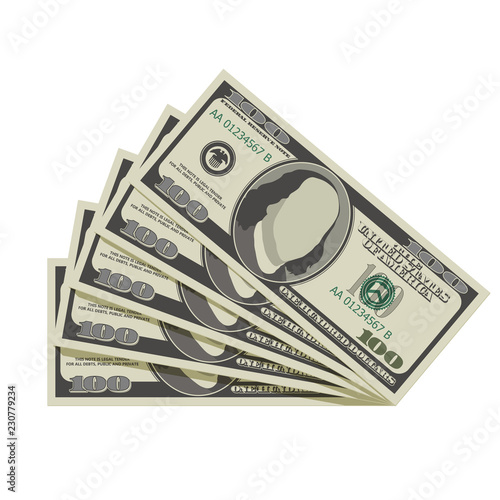 Fan of one hundred dollar banknotes. Vector illustration isolated on white background