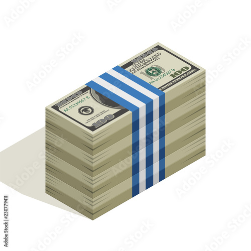 Many packs of hundred-dollar bills, stacks of banknotes, pile of cash, paper money. The concept of financial success and wealth. Isometric vector illustration isolated on white background
